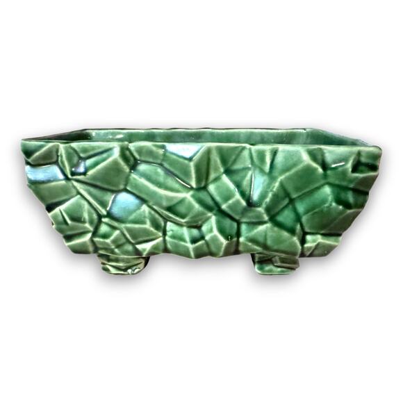 Vintage USA Pottery Green Geometric Textured Planter 8 Inch Rectangular - Picture 3 of 9